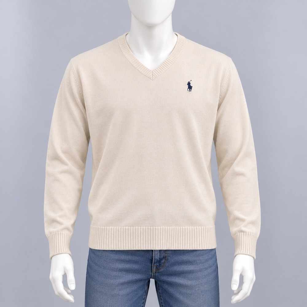 U.S. Polo Assn. V-Neck Sweater Mens M Cream Off White Long Sleeve Knit Logo